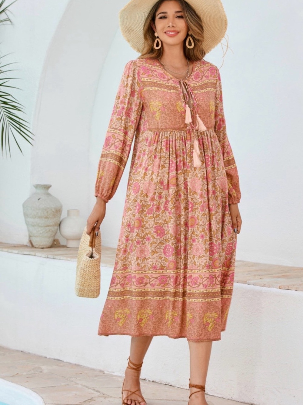 Boho Floral Pink Midi Dress with Tassel Tie